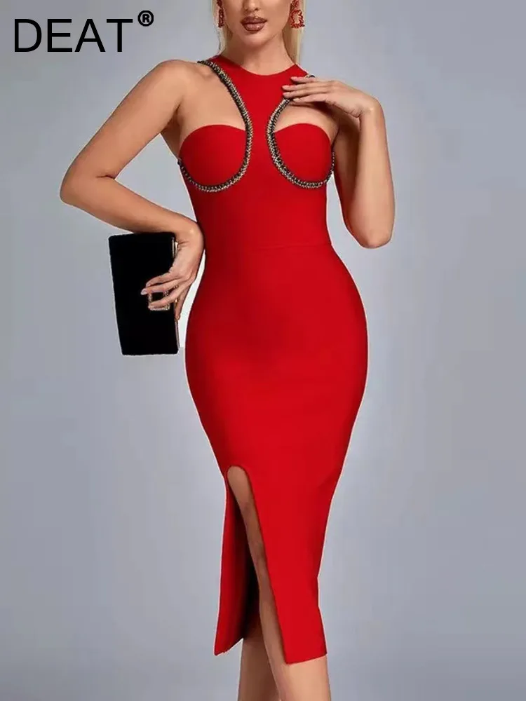 

Женское вечернее платье [DEAT], черное элегантное платье без рукавов с разрезом сбоку и заклепками, новинка весны 2023, 13DB752