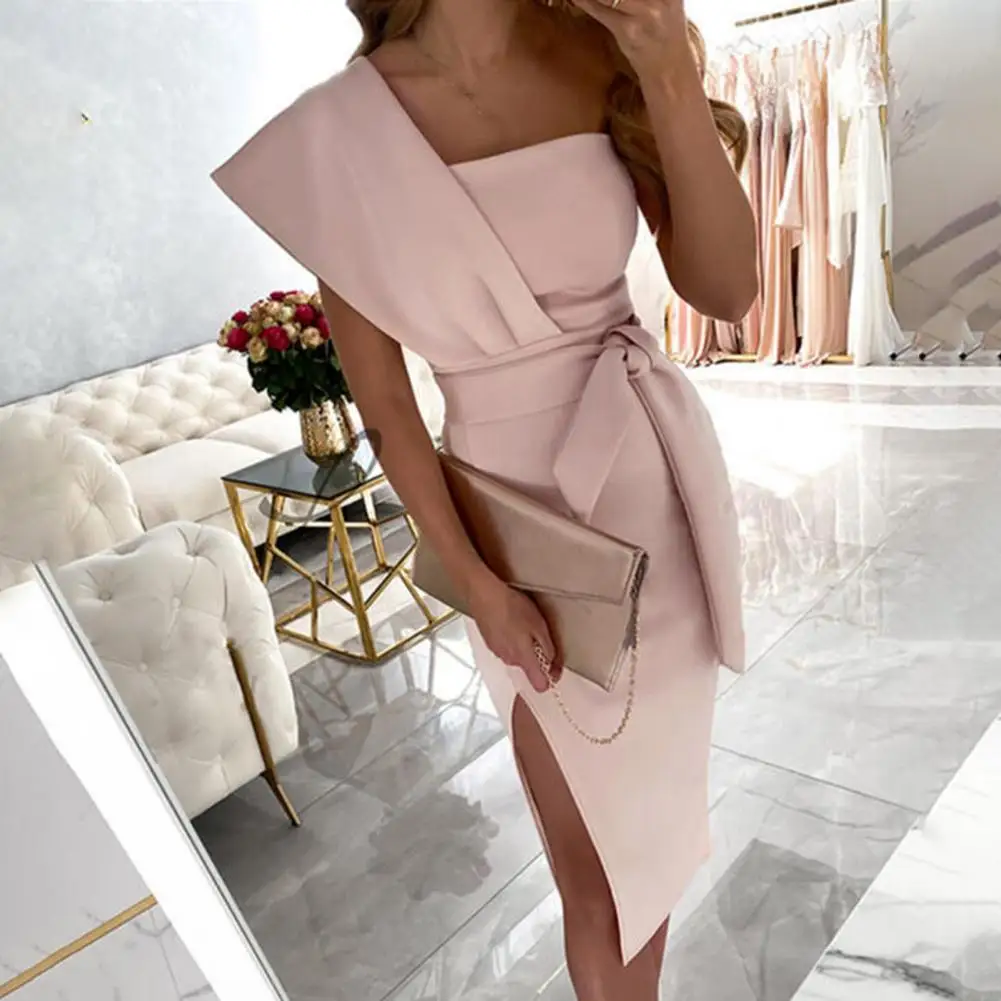 

Women Dress Sexy One-Shoulder Slit Bodycon Dress Elegant Sashes Lace-up Solid Midi Dress Summer Women Party Dress Vestidos