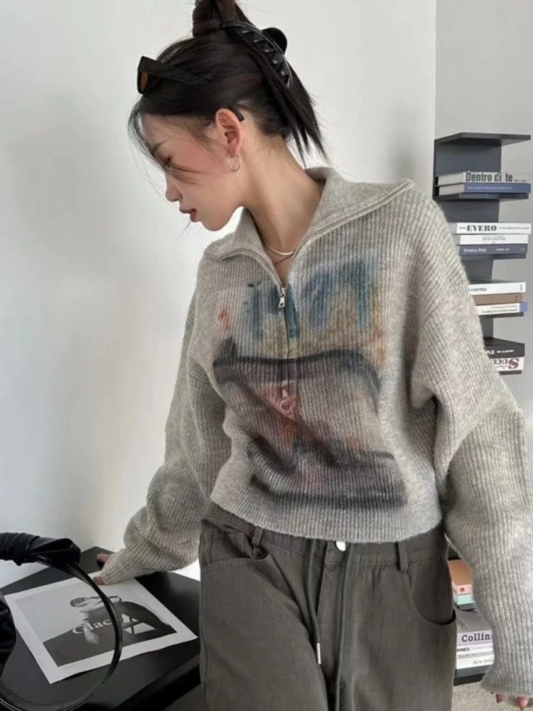 Y2k винтажные вязаные свитера с высоким воротником пуловер на молнии женские