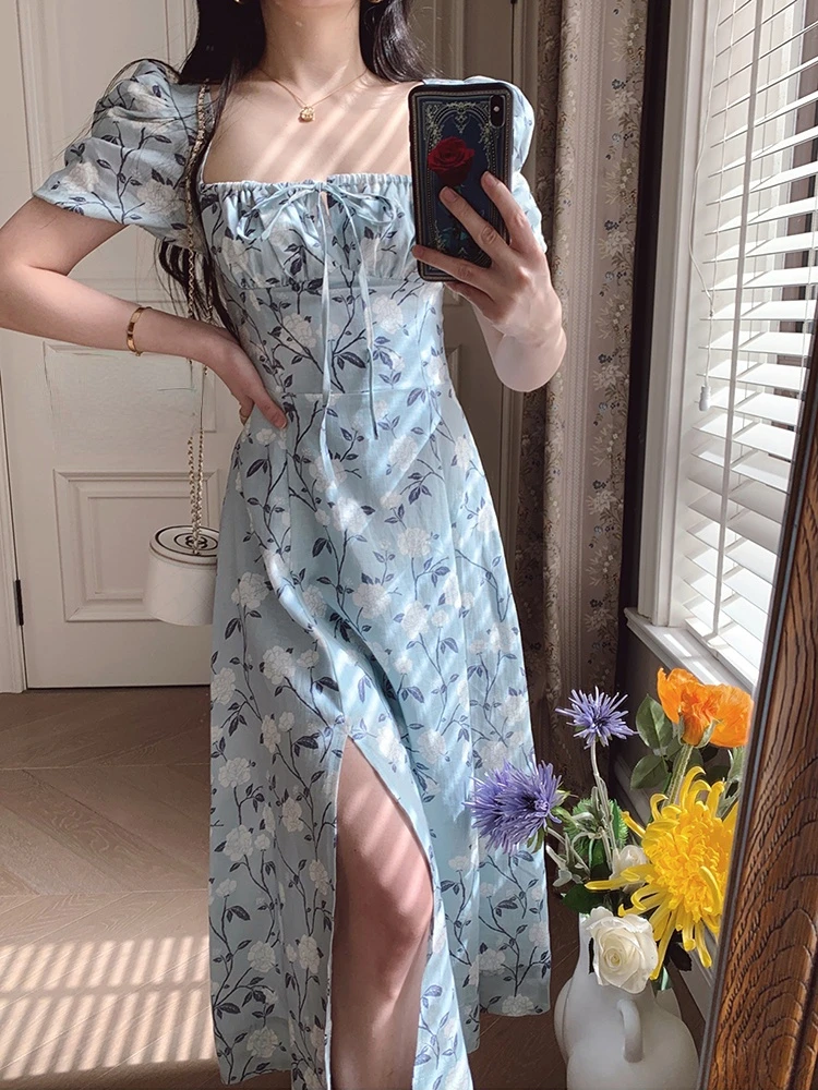 

Holiday Beach Boho Party Midi Dress Female Casual Korean Fashion Retro Print Sweet Dress 2022 Summer Vintage Floral Dress Women