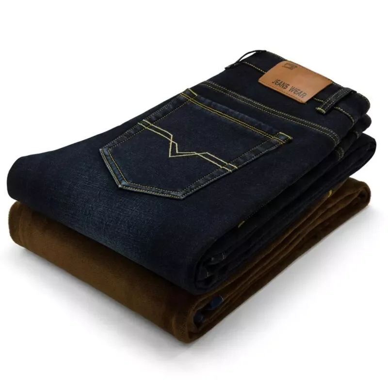 Black Winter Denim Jeans Fleece Thicker Warm Long Jeans Pants New Male Stretch Slim Fit Denim Jeans Solid Blue Jeans Size 40
