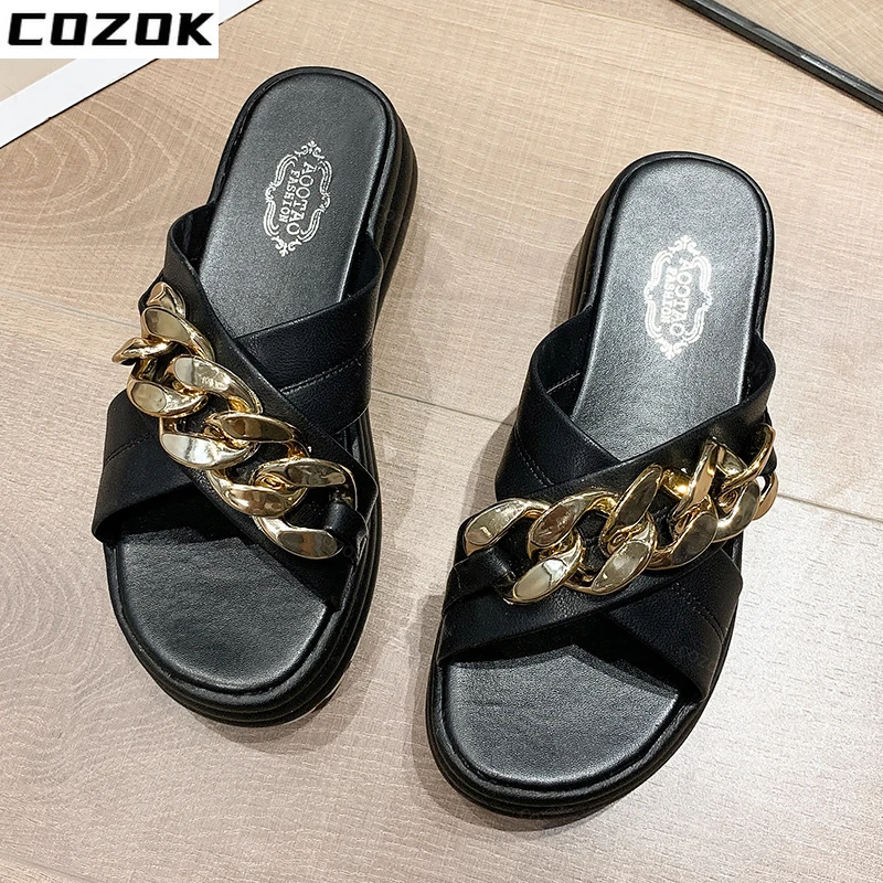 

Slipper Chain Women's Sandals 2022 Summer New Buckle Open Toe Platform Shoes Metal Chain Outdoor Beach Roman Sandalias De Mujer