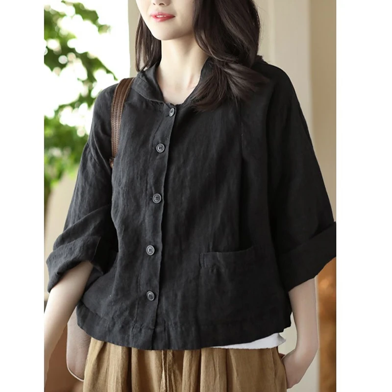 

Elegant Solid Color Vintage Chinese Style Cotton Linen Shirt Woman Cardigan Blouse Casual Loose Hooded Overwear Tops Streetwear