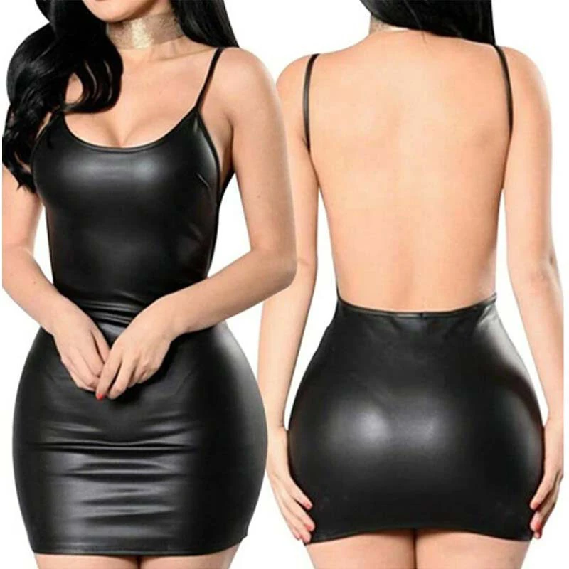 Sexy Kunstleder Kleid rücken frei Club Party kurzes solide schwarz nass aussehen Latex Bodycon Push-up-BH Mini-Mikro kleid