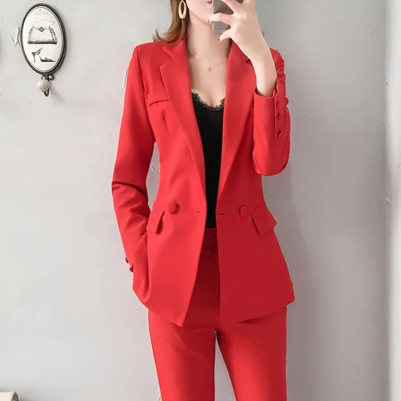 Women's Sets Red Set of Two Fashion Pieces for Women Pant 2 Piece Outfits 2023 Formal Kit Blazer Suit Pants Office Korean Style images - 6