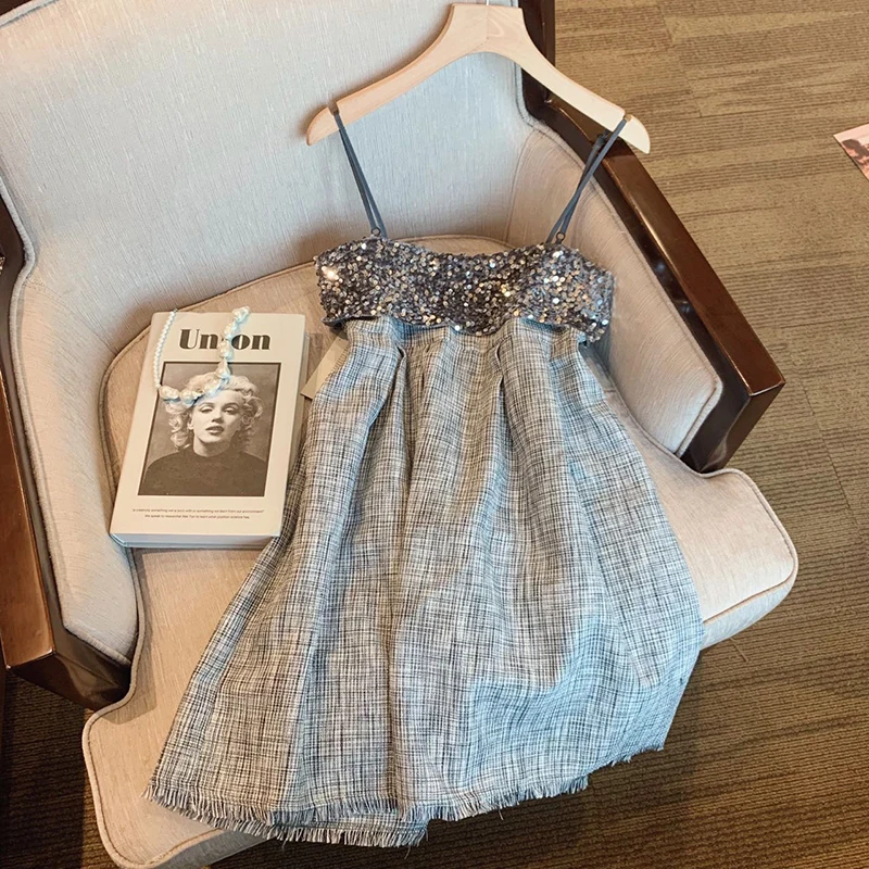 

WDMSNA серое маленькое Очаровательное платье без бретелек с блестками, женское сексуальное платье на бретельках для женщин, летние женские пл...