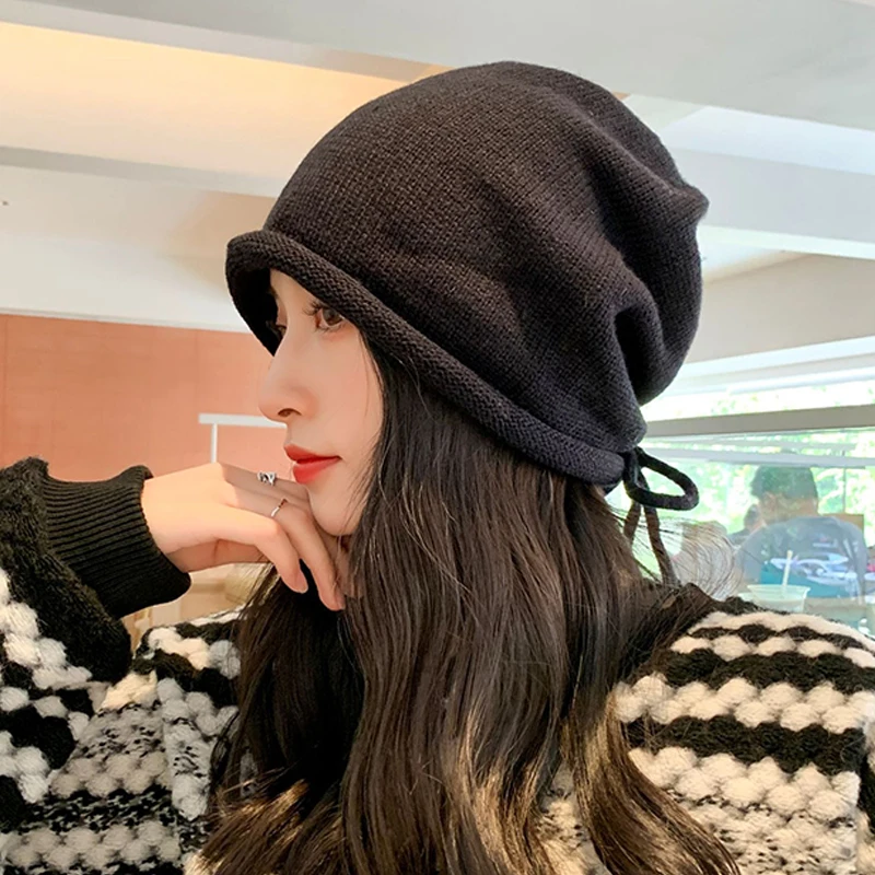 Однотонные шапочки на шнурке для женщин и девочек осенне-зимняя теплая мягкая