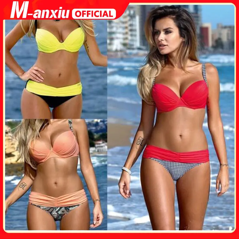 

Женские сексуальные бикини пуш-ап, пляжные купальные костюмы с лямкой на шее, модные купальные костюмы, 8 цветов
