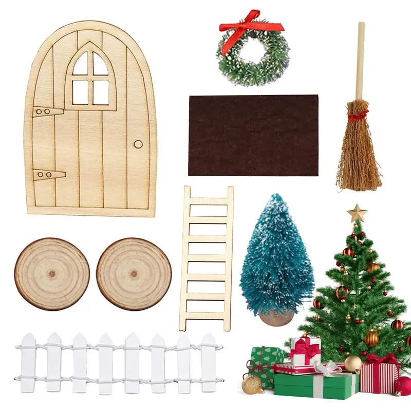 

Miniature Scene Dollhouse Outdoor Ornaments Broom Christmas Circle Wooden Elf Gnome Door Ladder xmas Tree Step Mat Tree Stump