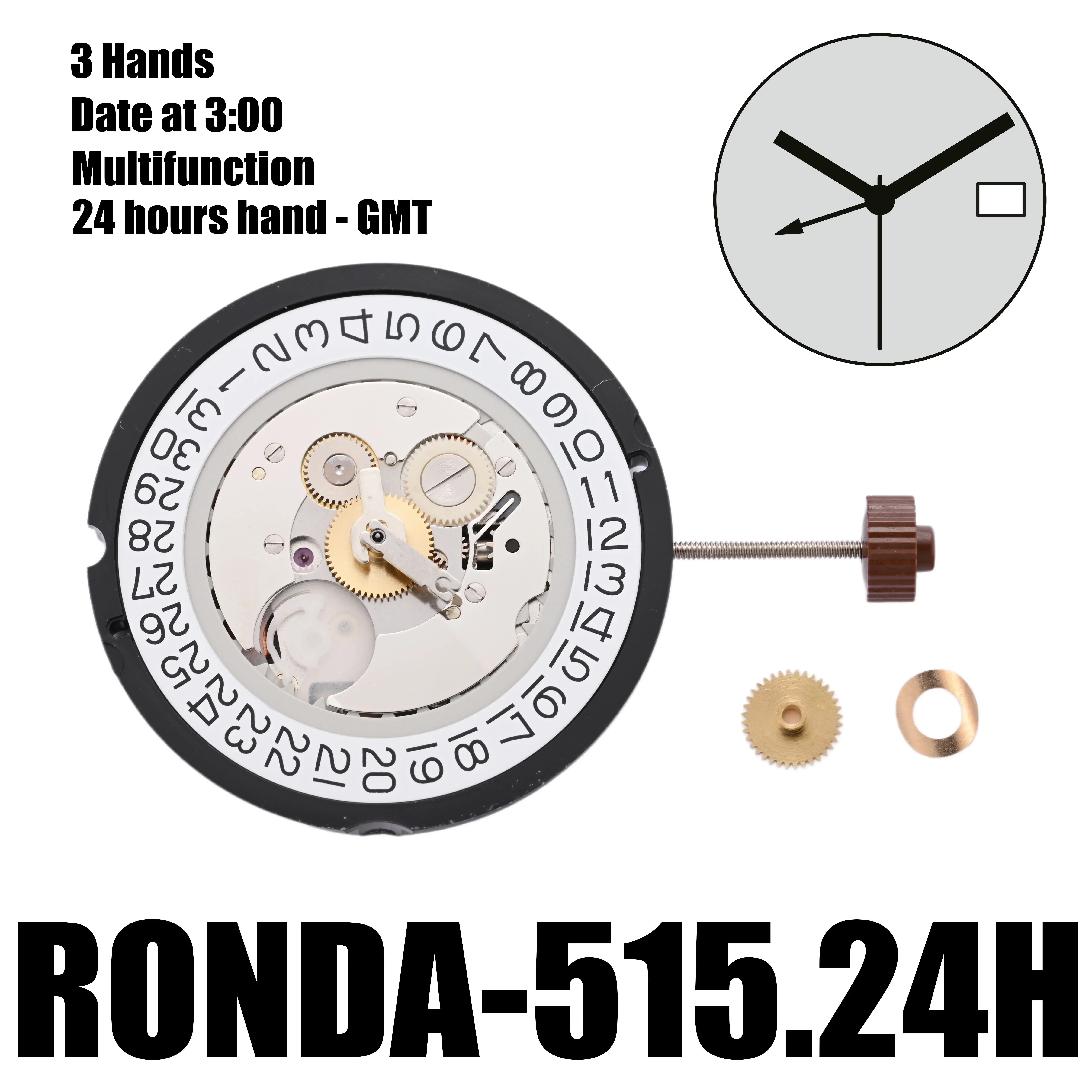 Кварцевые часы Ronda 515 24 H GMT часовой механизм 515H One Jewel функциональный Datewheel сменный