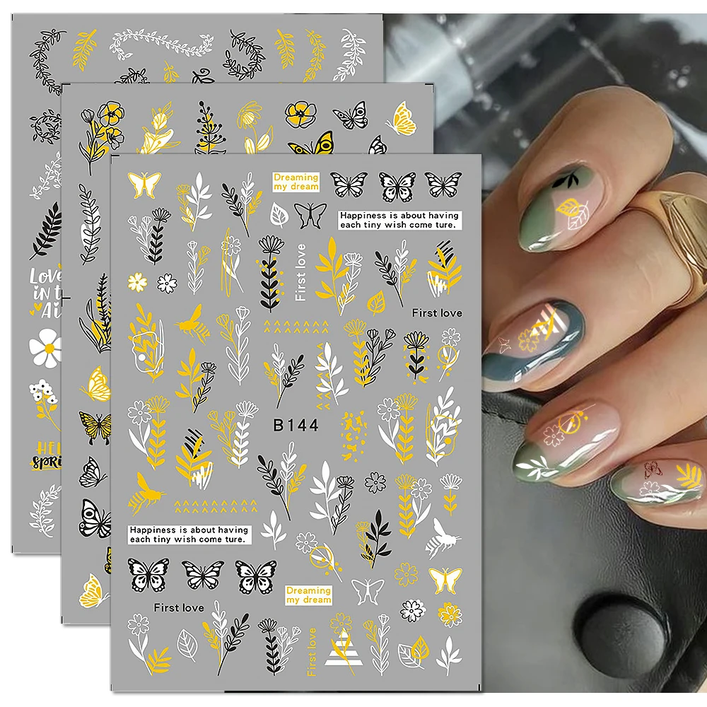 Золотые и белые бронзирующие наклейки для ногтей с цветами бабочками переводные