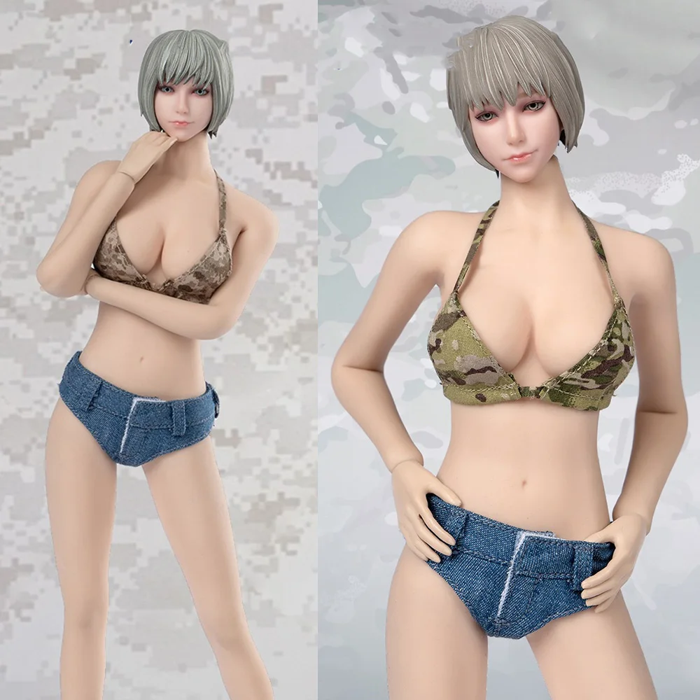 

ToysCentre, модель 1/6 года, сексуальный женский Камуфляжный бюстгальтер с лямкой на шее, топ, горячие джинсовые шорты, стринги, модель для экшн-фиг...