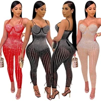 2022 fashion design jumpsuits solid diamond o neck long sleeve sweetheart sexy clubwear bodycon rompers