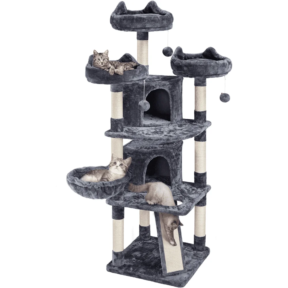 

Cat Tree Plush Tower with Caves Condos Platforms Scratching Board, Dark Gray