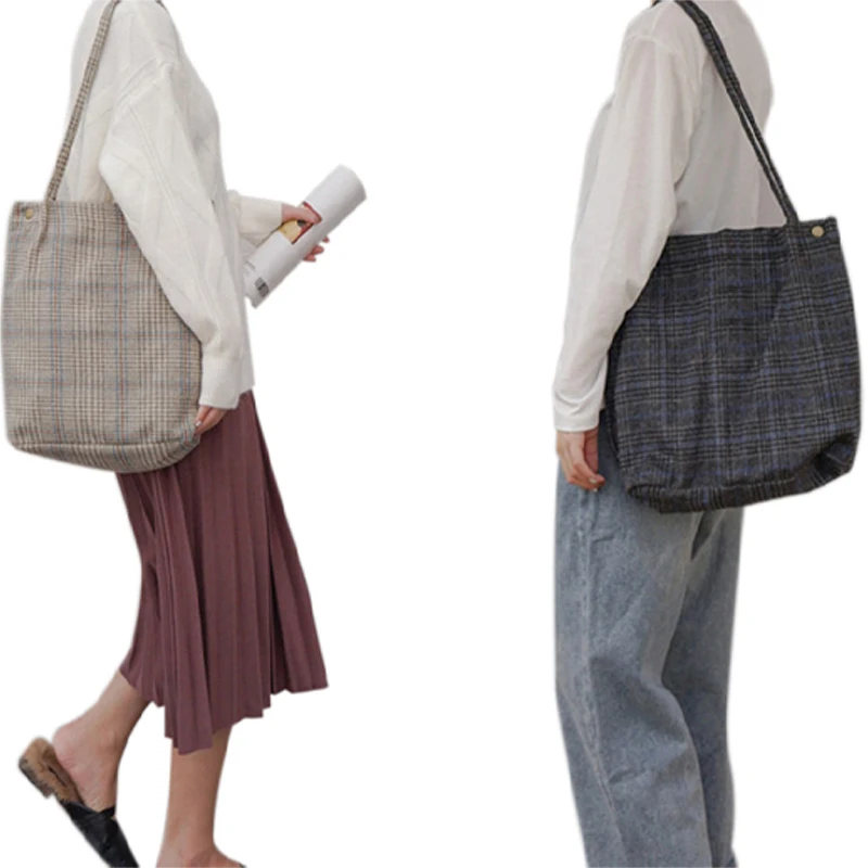 

Winter Women Canvas Shoulder Bag Ladies Vintage Tartan Handbags Female Fashion Plaid Tote Cloth Bags For Preppy Girl