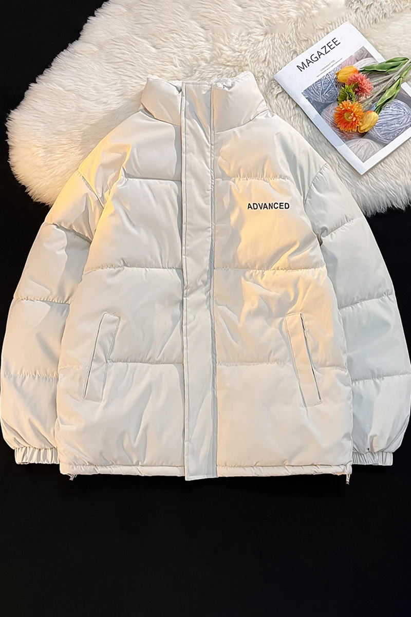 2022 New Fleece Thicken Letter Graphic Men Winter Coat Stand Collar Oversize Parkas Korean Style Male Padded Coat Warm Jackets
