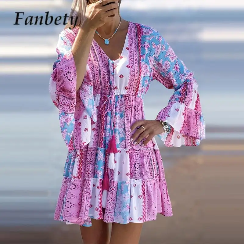 

Ethnic Style Pattern Print Pleated Dress Women V Neck Drawstring Waisted Mini Dress Spring Flared Long Sleeve A-line Beach Dress