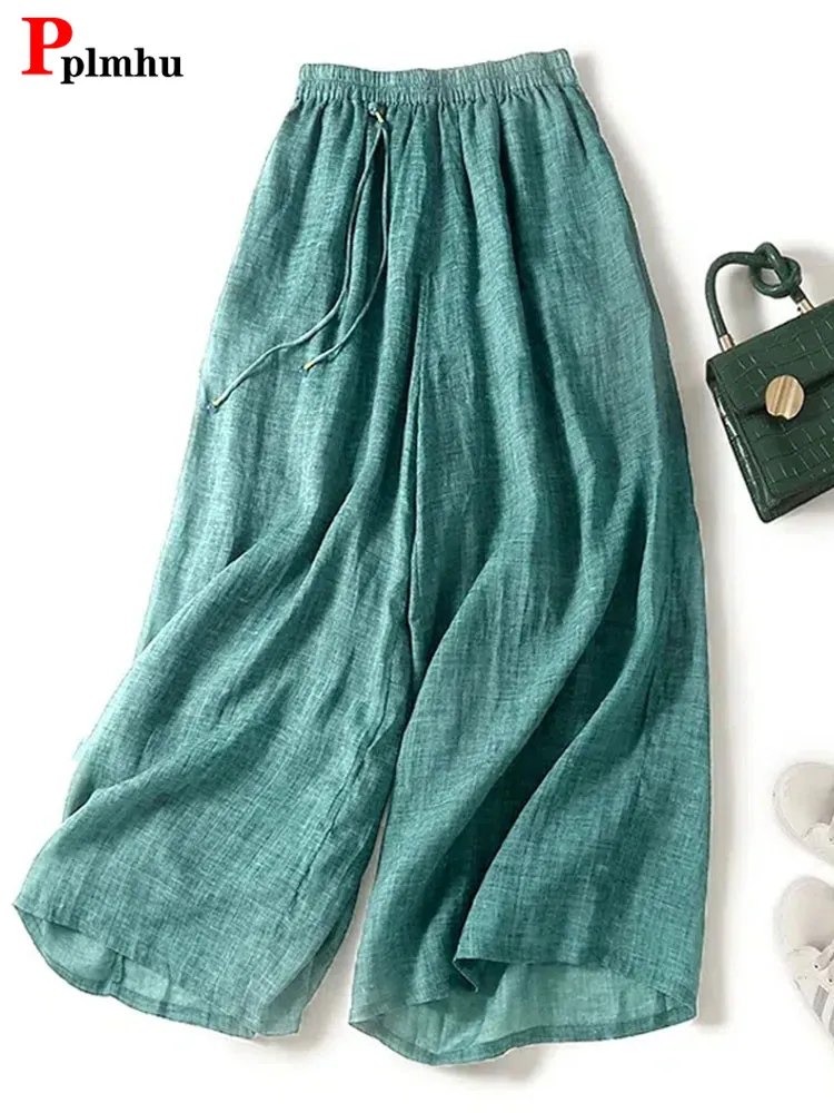 

Casual Women Cotton Wide Leg Pants Baggy Summer Straight Trousers High Waist Korean Culotte Ankle-length Ovesize 4xl Pantalones