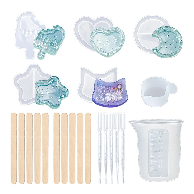 

Набор силиконовых форм «сделай сам» из смолы, форма из эпоксидной смолы с рисунком кота, сердца, Луны и капельницы для мороженого, мерная чаш...