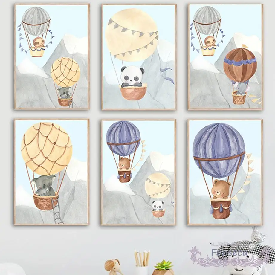 

Cartoon Nordic Hot Air Balloon Bear Panda Koala Canvas Painting Wall Art Pictures for Baby Nursery Kids Room Home Decor