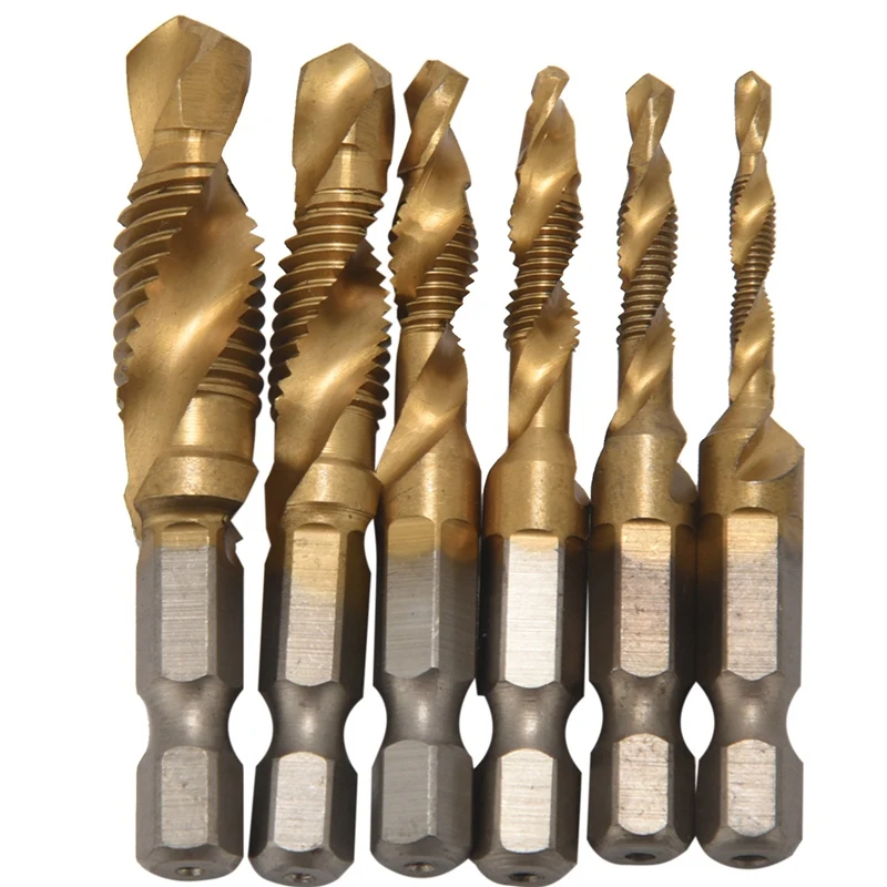 Drill Tap Bit, 6 Pack Combination Drill Tap Bit Set Screw Tapping SAE 6-32NC 8-32NC 10-24NC 10-32NC 12-24NC 1/4-20NC