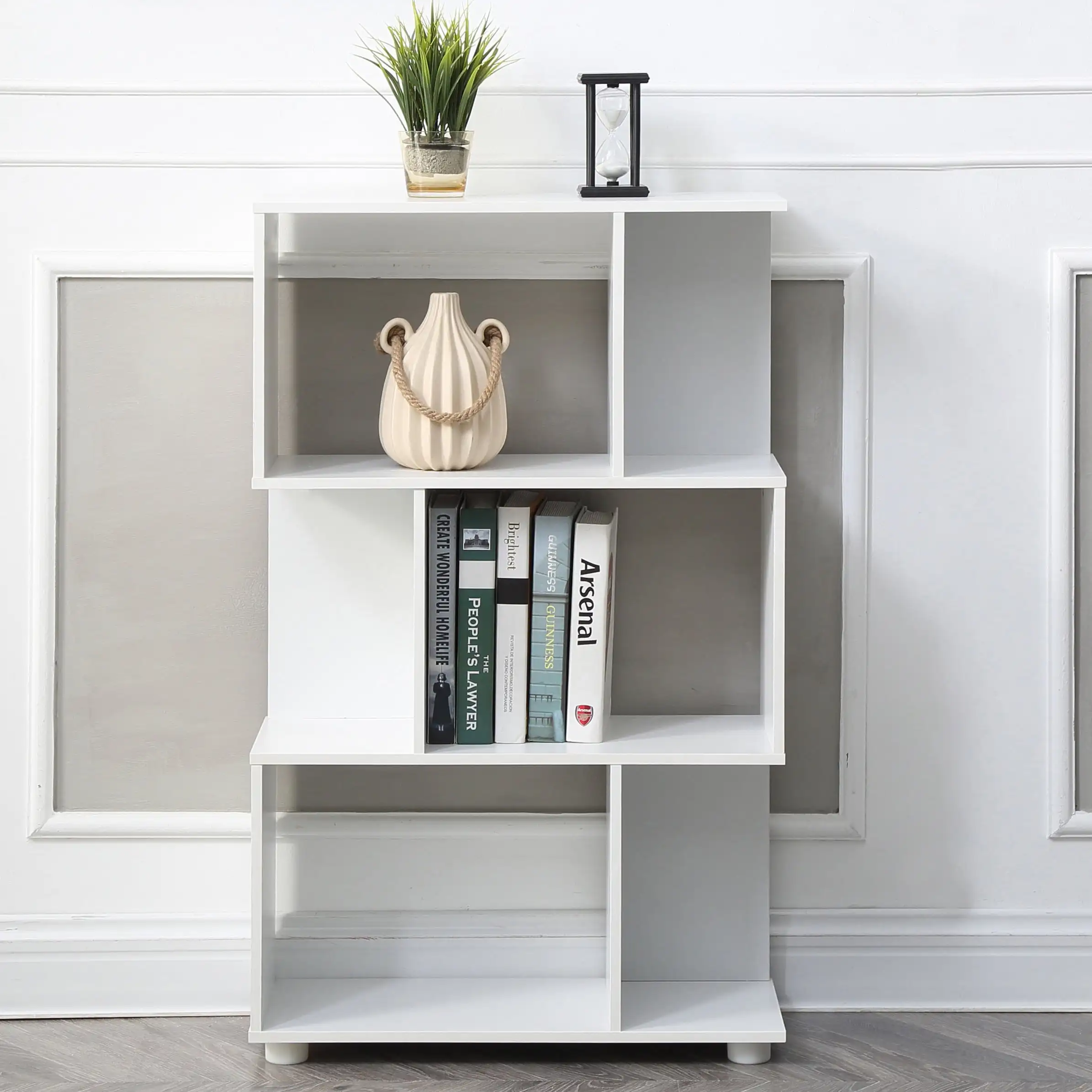 Modern Staggered 3-Shelf Manor Bookcase, White