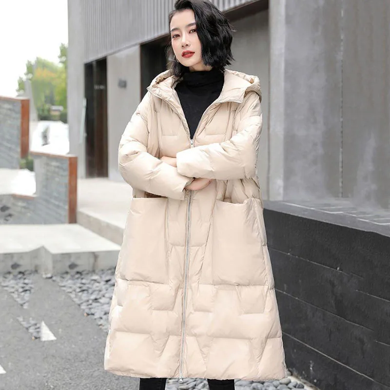 

Новинка, зимнее женское пальто, длинный пуховик, модное пальто Паркер с капюшоном, прямая женская Повседневная теплая верхняя одежда из 90% белого утиного пуха