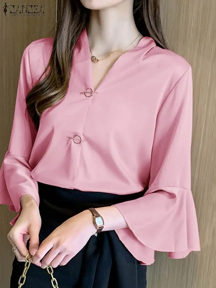

ZANZEA Elegant Women V Neck 3/4 Flare Sleeve Blouse Summer Tops Fashion Solid Satin Shirt Female Casual Holiday Blusas Oversize