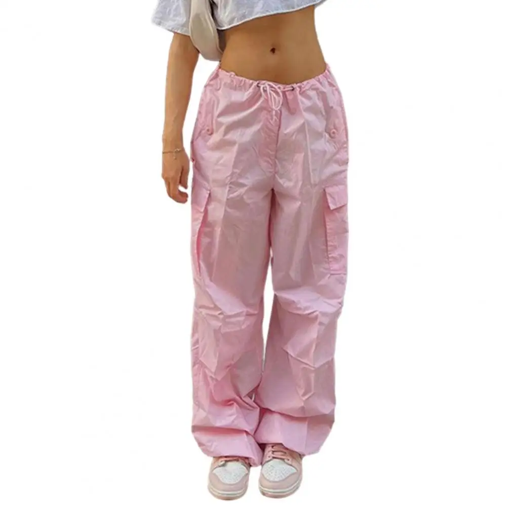 

Женские уличные штаны, розовые брюки-карго в стиле хиппи, стильные уличные Джоггеры для женщин, свободные брюки со шнуровкой и широкими штанинами