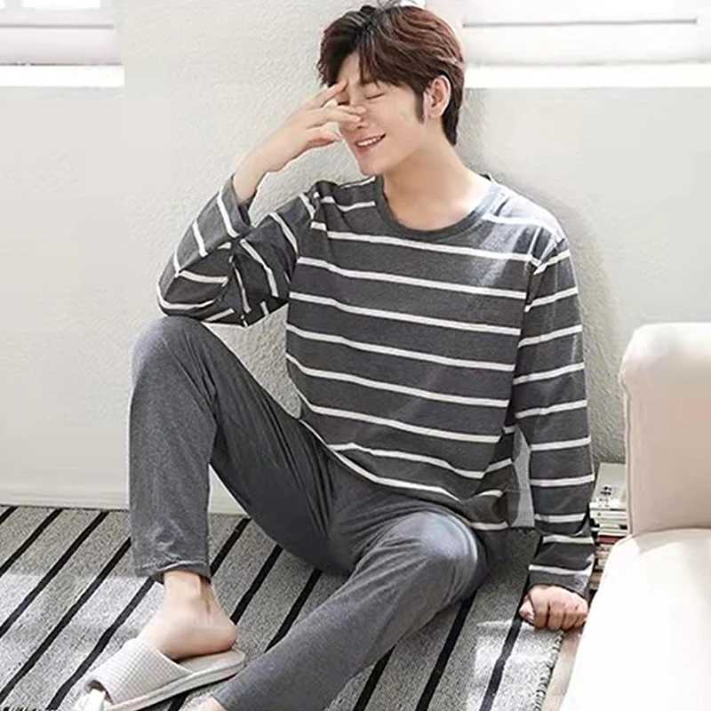 Mens Pajamas Letter Striped Casual Soft Sleepwear Cartoon Breath Pajama Sets Sleep&Lounge Pyjamas Spring Autumn Comfort Homewear