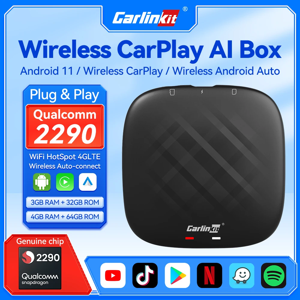 

CarlinKit Wireless CarPlay AI Box Android 11 Беспроводная связь CarPlay Android Auto Netflix IPTV Адаптер YouTube GPS GPS WiFi BT Автоматическое подключение Автомобильная интеллектуальная система