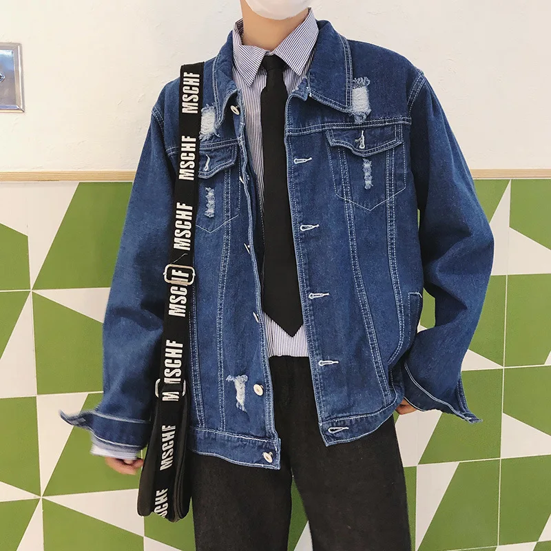 

Wholesale 2022 Fashion Manufacturers Supply Spring And Autumn New Fashion Men's Lapel Jacket Denim Ripped Jacket Break Coat