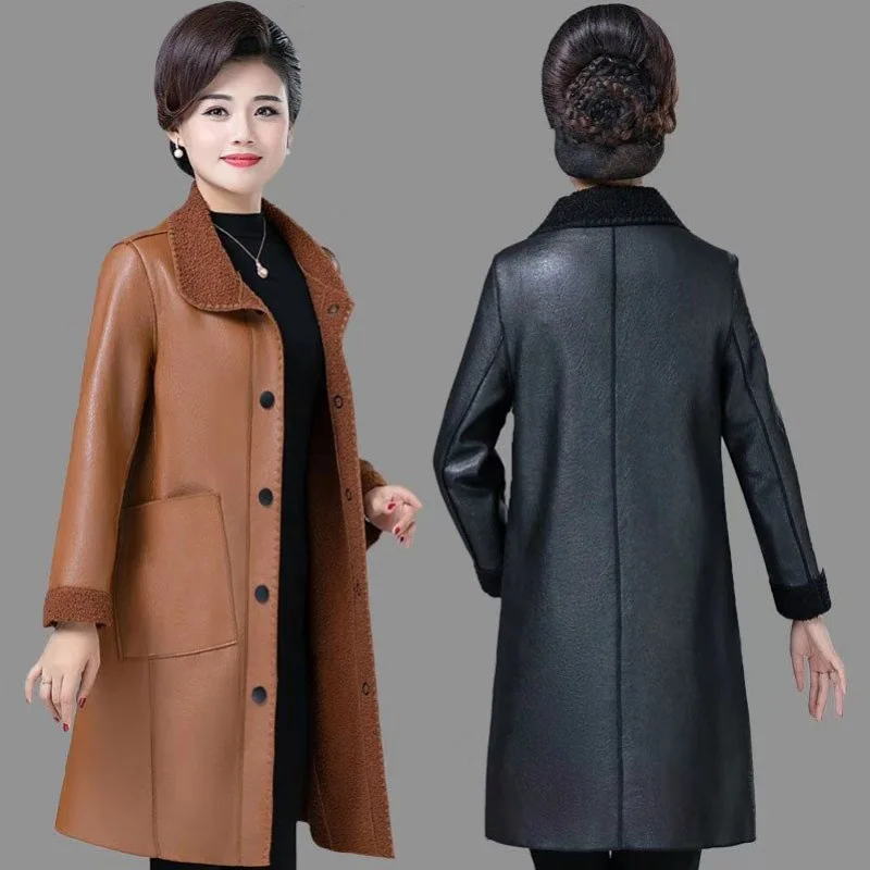 Lamb Fur Ladies Leather Loose Korean Fur One Medium-long Mother's Autumn  Winter Women's Coat Thick Brown Winter Jacket Women