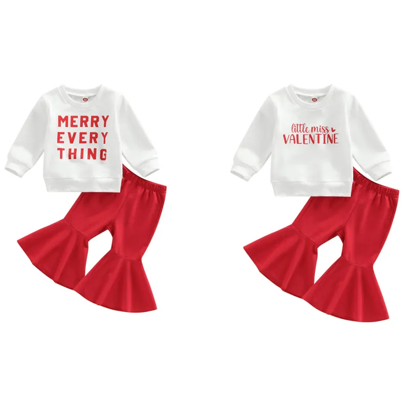 

SUNSIOM Kids Girls Spring Fall Outfits Letter Print Long Sleeve Sweatshirt and Solid Color Flare Pants Casual Set