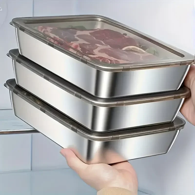 

Контейнер для хранения продуктов питания из нержавеющей стали, прямоугольная тарелка с крышкой, поднос для лапши, фруктов, ланч-бокс, толстая тарелка-органайзер для холодильника