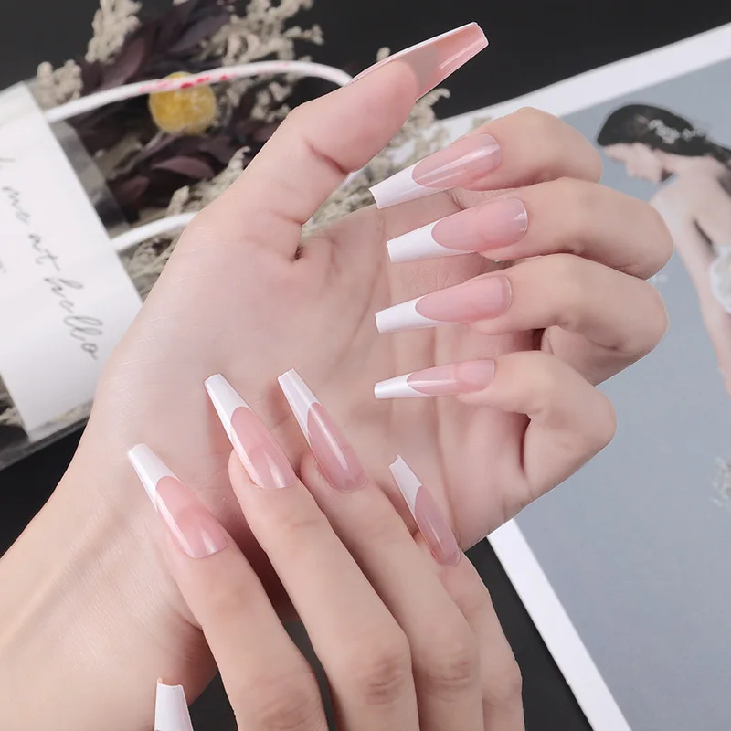 

White French Ballerina Fake Nails Natural Nude Coffin Flat False Nail Tips for Salon Party Faux Ongle Free Adhesive Tapes