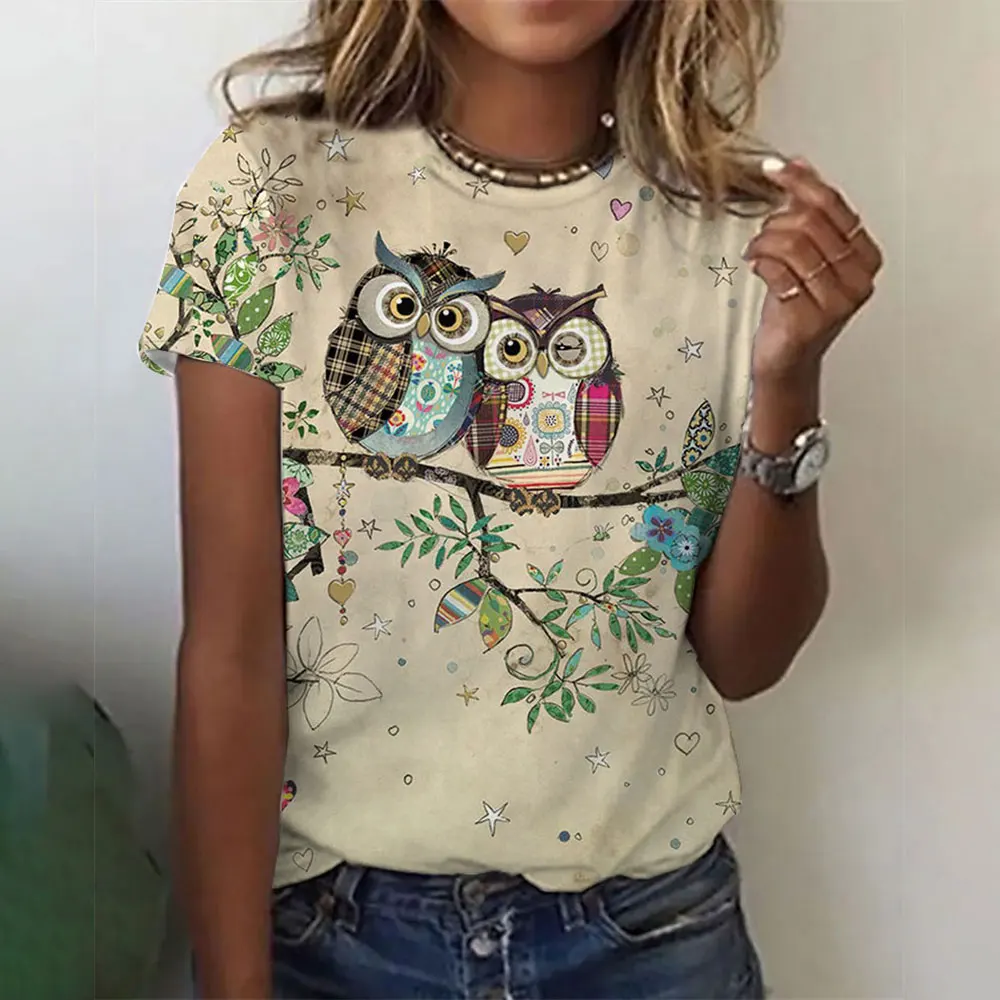 

Women Graphic T-Shirt Bird Print Round Neck Top Tees Hand-Painted Design 3D Printing Pattern Large Size Flowers Design for Women