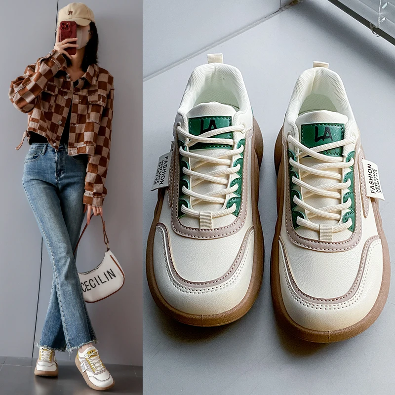 2023new women's vulcanized shoes, sports shoes, comfortable walking sports shoes, women's thick soled lace up casual shoes