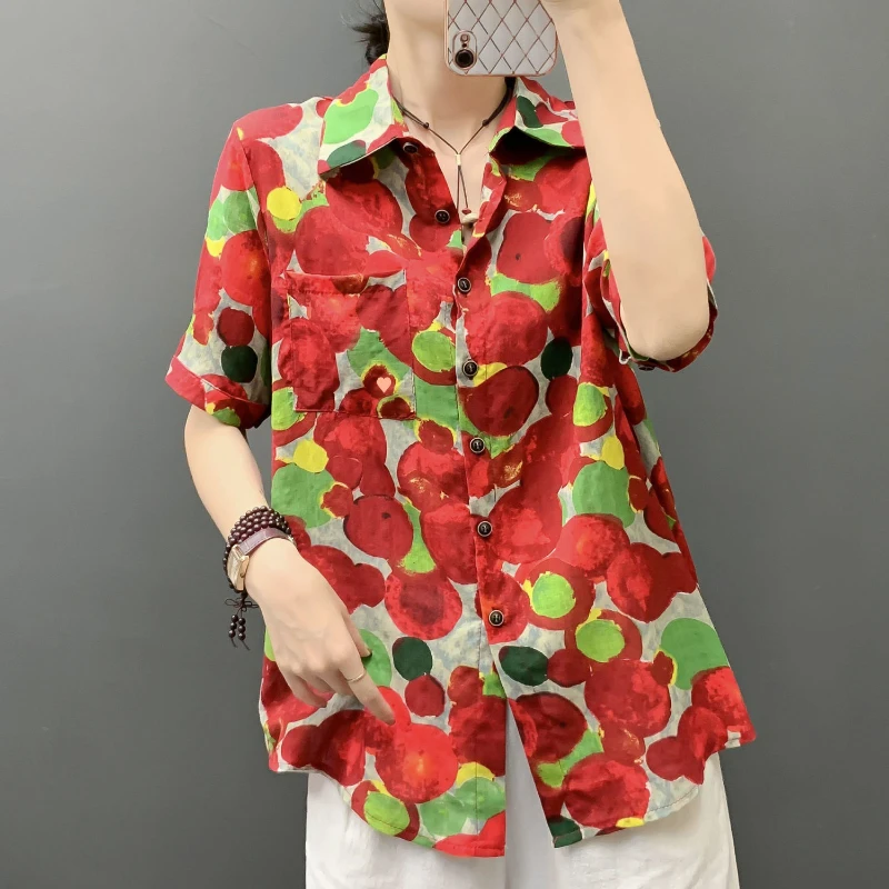 

Блузка женская с принтом, из 2023 хлопка и льна, с рукавом до локтя