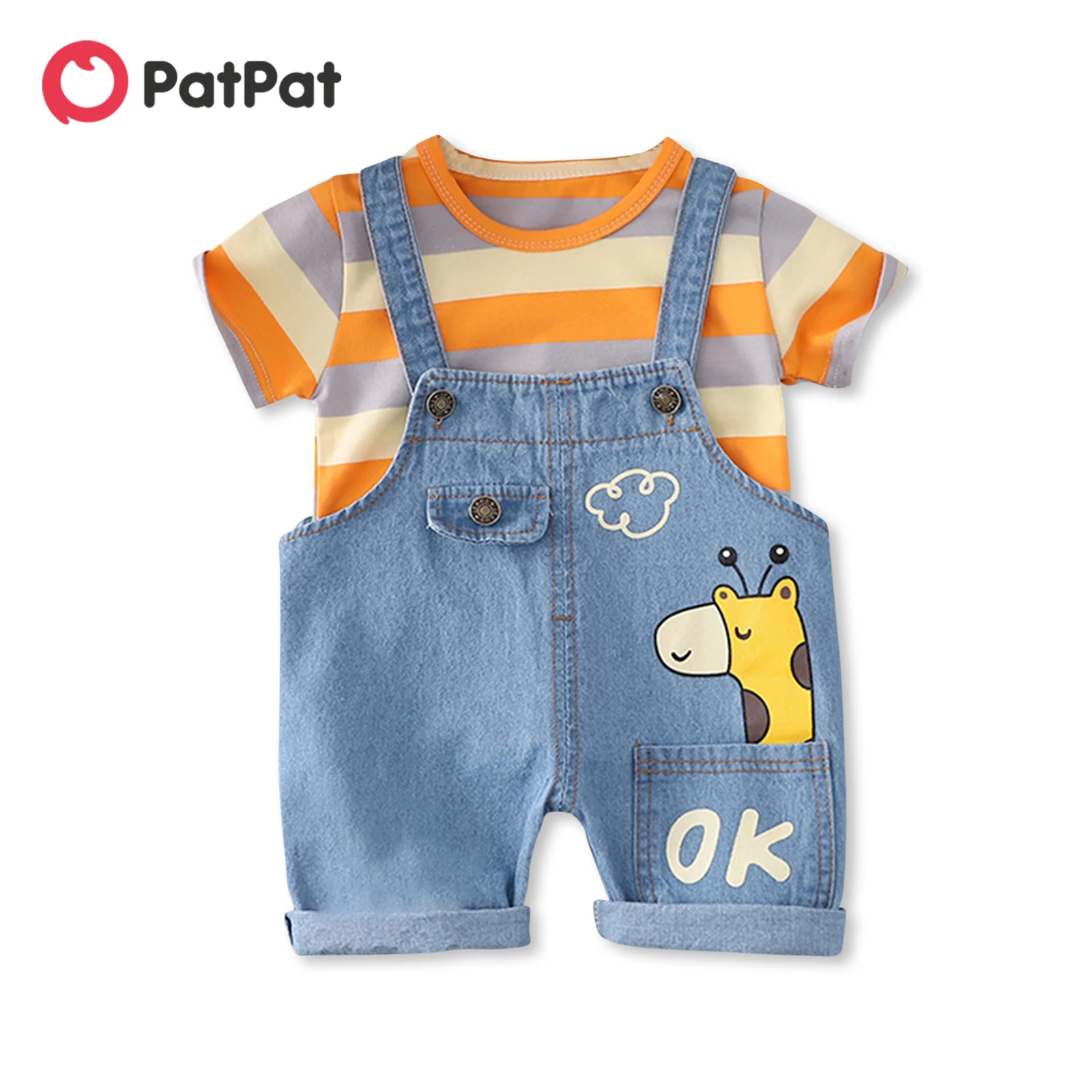 

PatPat 2pcs Baby Boy/Girl 95% Cotton Short-sleeve Striped Tee and Cartoon Giraffe Print Denim Overalls Shorts Set