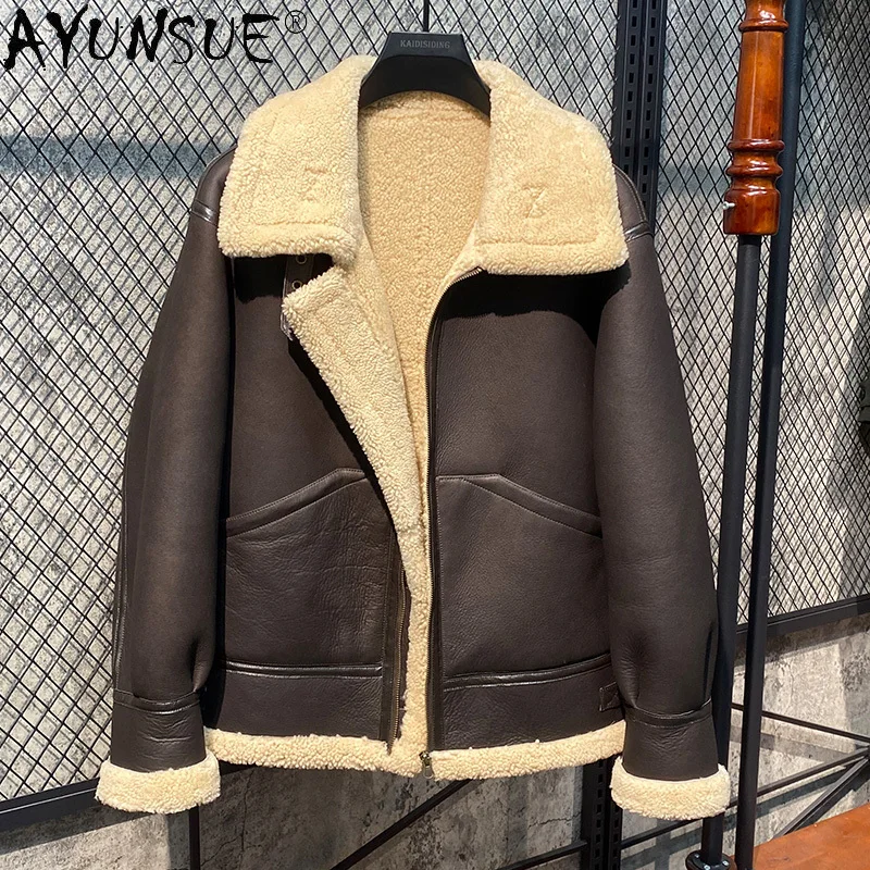 

AYUNSUE Fur Coat Men's Women's Original Sheepskin Fur One-piece Real Leather Jacket Fur Lacket Men's Flight Suit Winter Jaqueta
