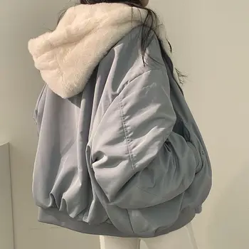 Deeptown Korean Fashion Velvet Lambswool Reversible Jacket Women Harajuku Oversized Solid Basic Winter Zip Up Hoodie Beige Coat 1