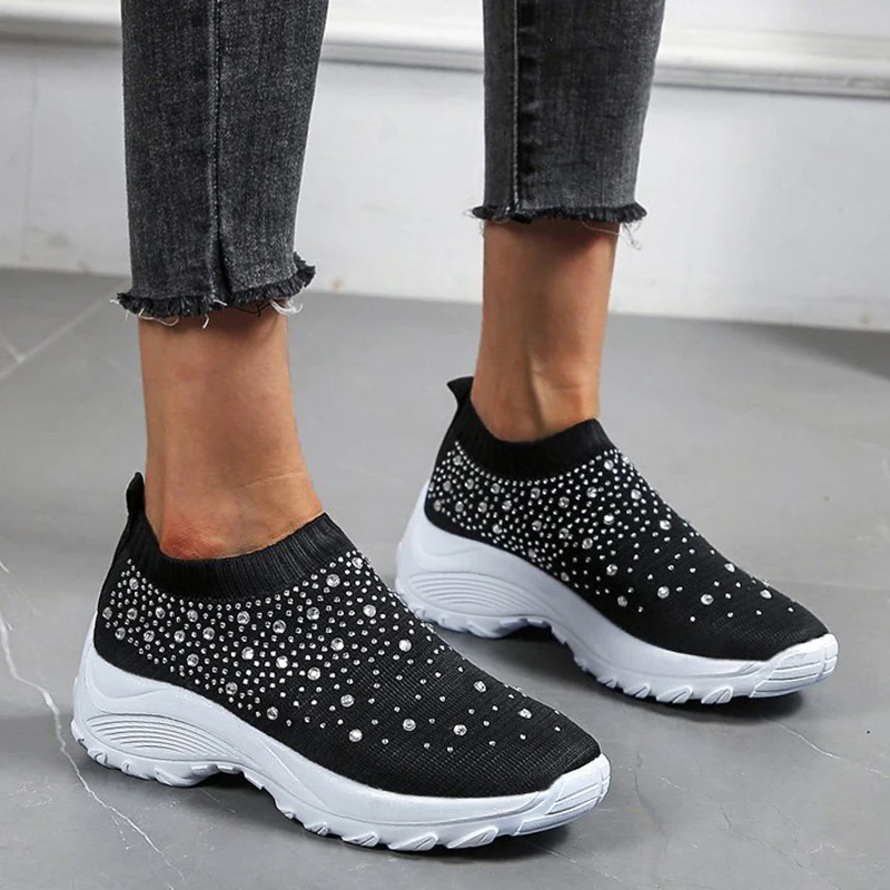 

Женские кроссовки, сезон весна-осень 2022, блестящие женские вязаные носки на платформе, осенние кроссовки повседневная обувь на танкетке 43