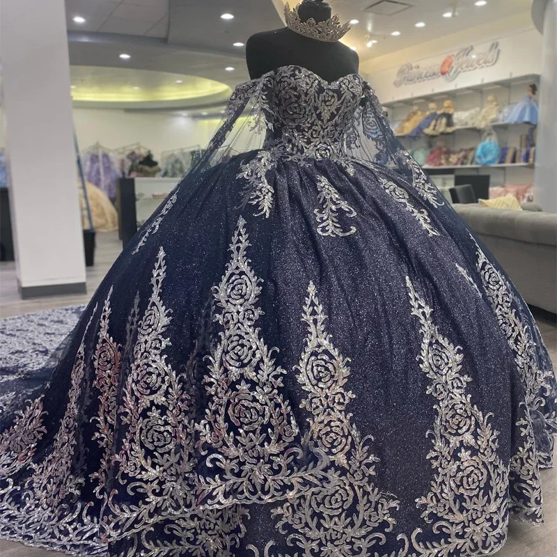 

Sparkly Black Sweet 16 Ball Gown Quinceanera Dress With Cape Appliques Sweet 16 Dress Mexican Prom Gowns Vestidos De 15 Años NEW