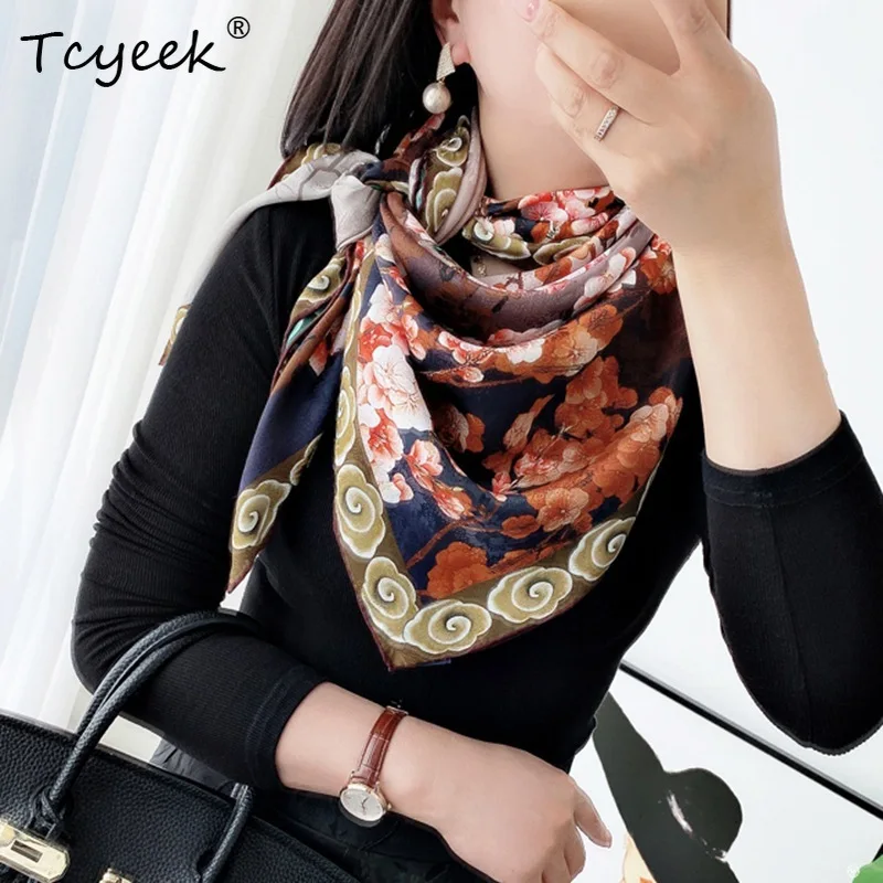 Фото Tcyeek, 100% настоящие шелковые элегантные шарфы, 105 см с цветочным принтом, подарок для мамы, модный шикарный шарф в стиле ретро, лето 2023, осень A465139QM №1