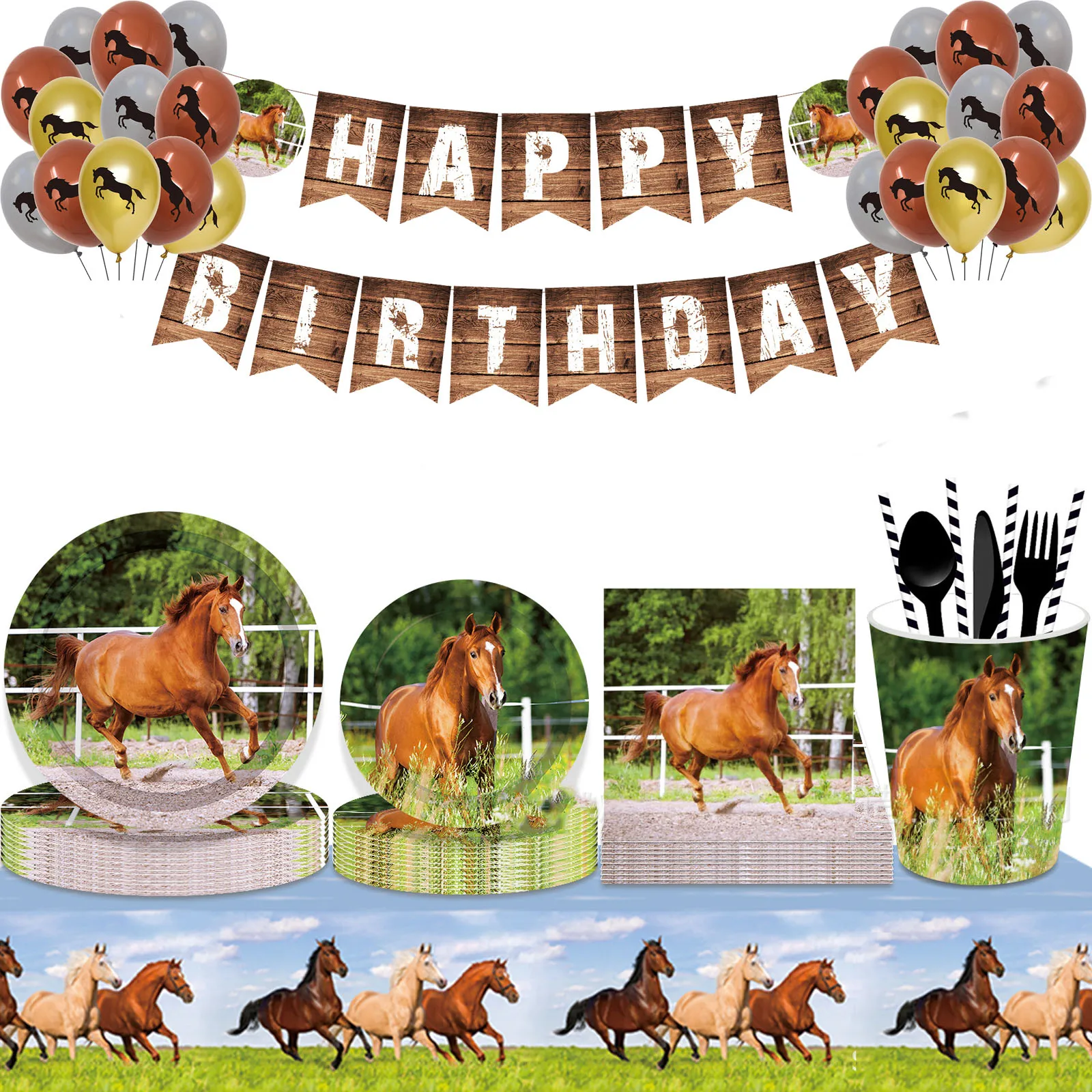 

Horse Theme Party Supplies Paper Cup Plate Napkin Balloon Banner Disposable Tableware Kids Birthday Party Decor Baby Shower