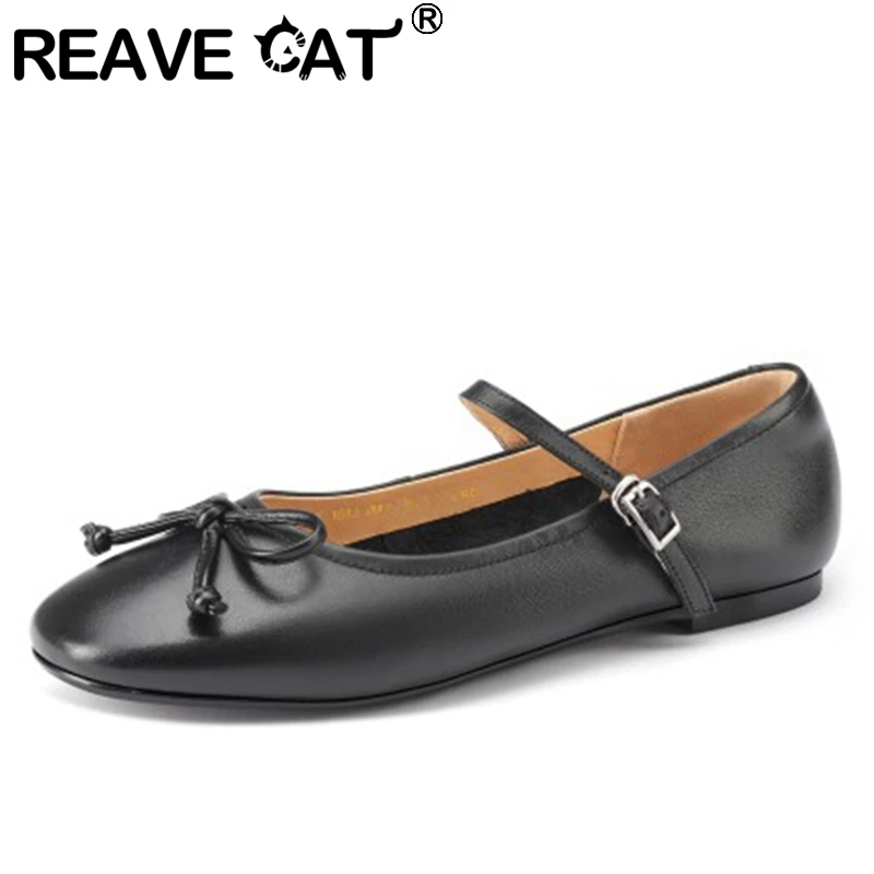 

REAVE CAT 2022 Genuine Leather Women's Flats Round Toe Bowtie Buckle Strap Solid Sweet Daily Size 33-40 Beige Black Spring S3565