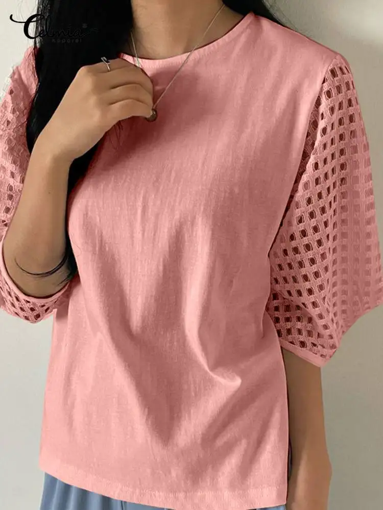 

Summer Solid Blouses Celmia 2022 Leisure O Neck Fashion Plaid 3/4 Sleeve Shirts Women Office Loose Tops Holiday Korean Tunics