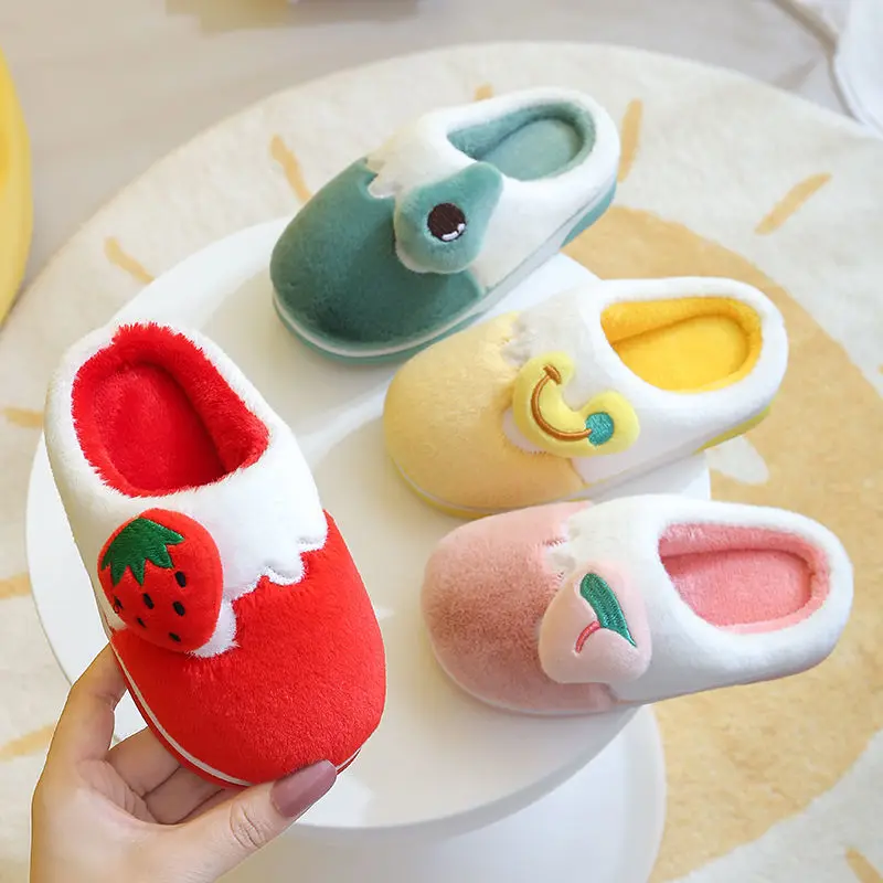

Strawberry Children Slippers Autumn Winter Fruit Warm Thick Fluffy Slippers Home Indoor Non-Slip Kids Furry Shoes Baby Slides