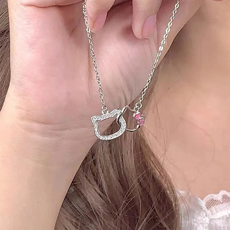 

Cat necklace female student cute double ring clavicle chain niche design stainless steel necklace